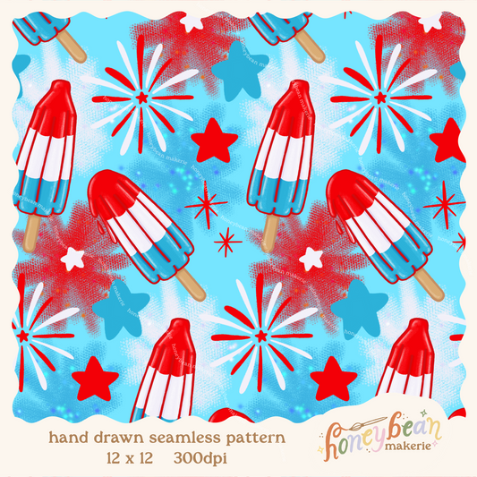 Pattern of red, white, and blue popsicles and fireworks on a blue background.