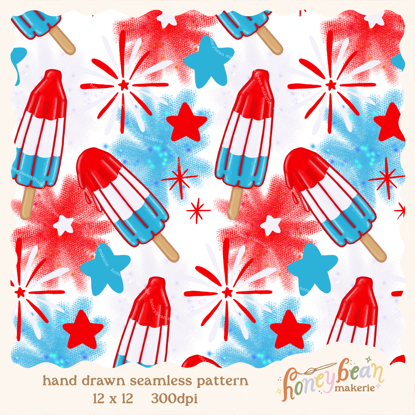 Pattern of red, white, and blue popsicles and fireworks on a white background.
