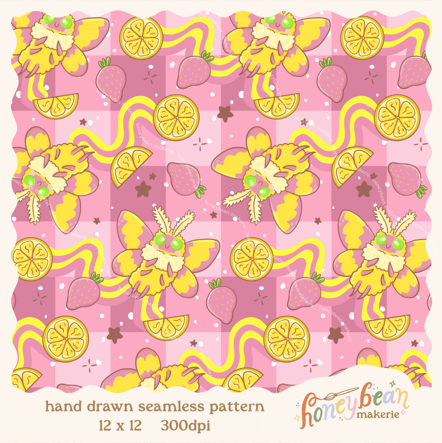 Strawberry Lemonade Moth Seamless Pattern