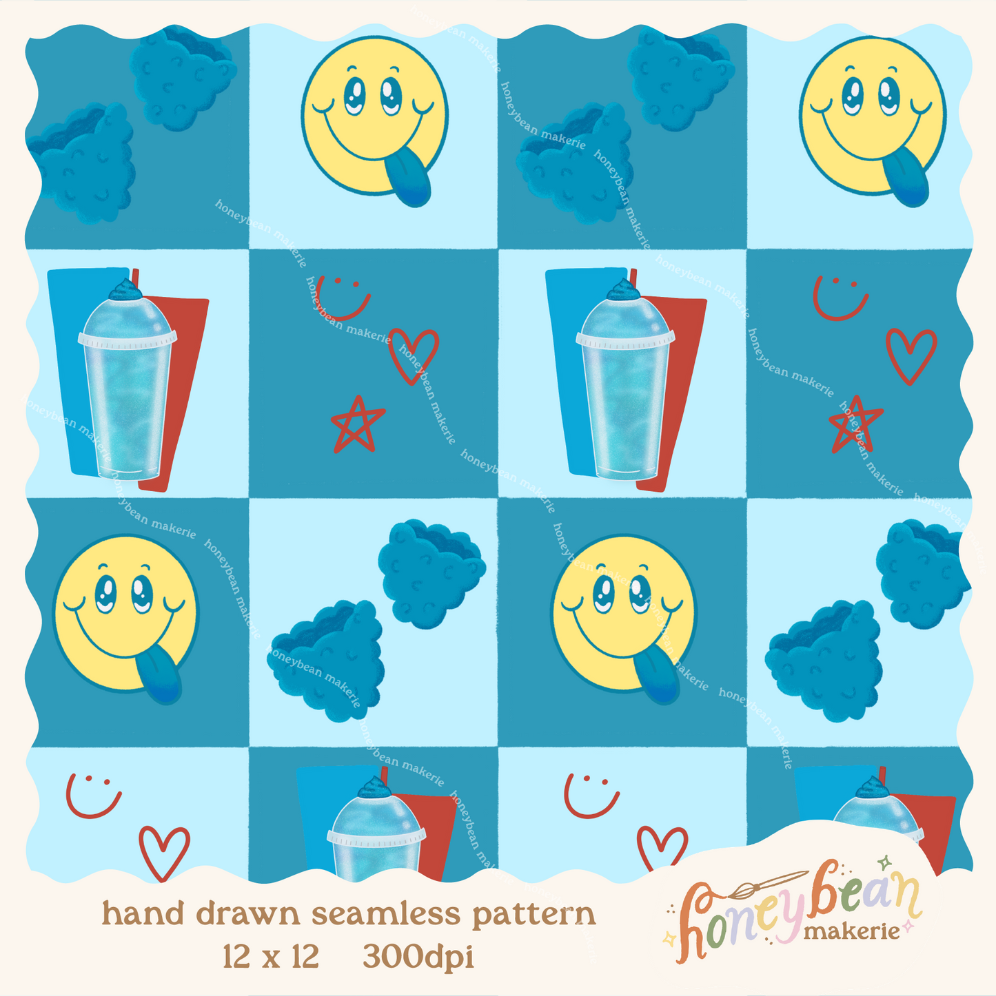 Pattern with smiley faces,slushie, and other 90s elements on a blue checkerboard background.