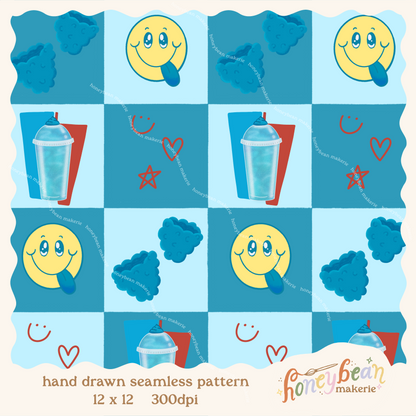 Pattern with smiley faces,slushie, and other 90s elements on a blue checkerboard background.