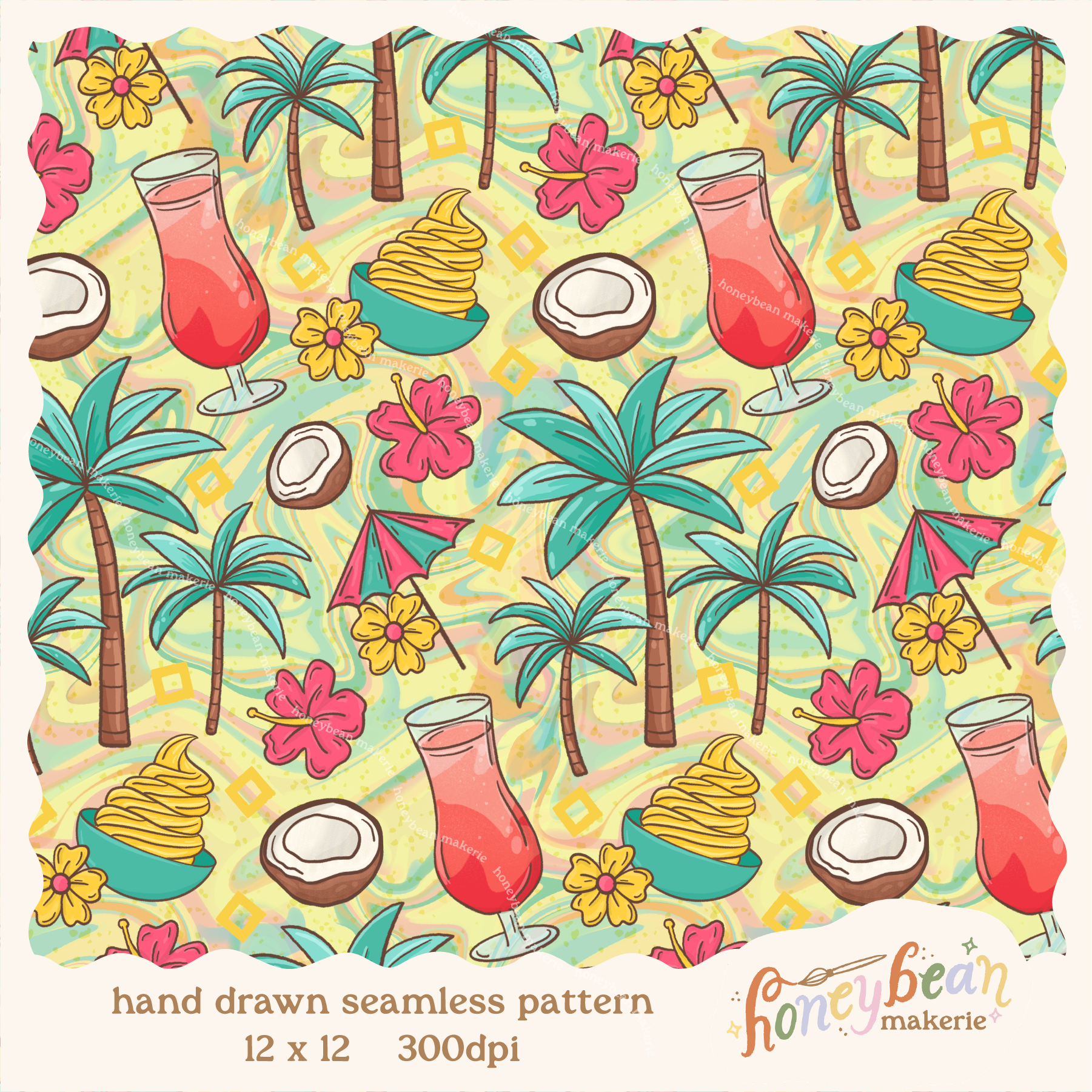 Colorful tropical pattern with palm trees, drinks, and flowers on a yellow background.