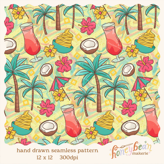 Colorful tropical pattern with palm trees, drinks, and flowers on a yellow background.