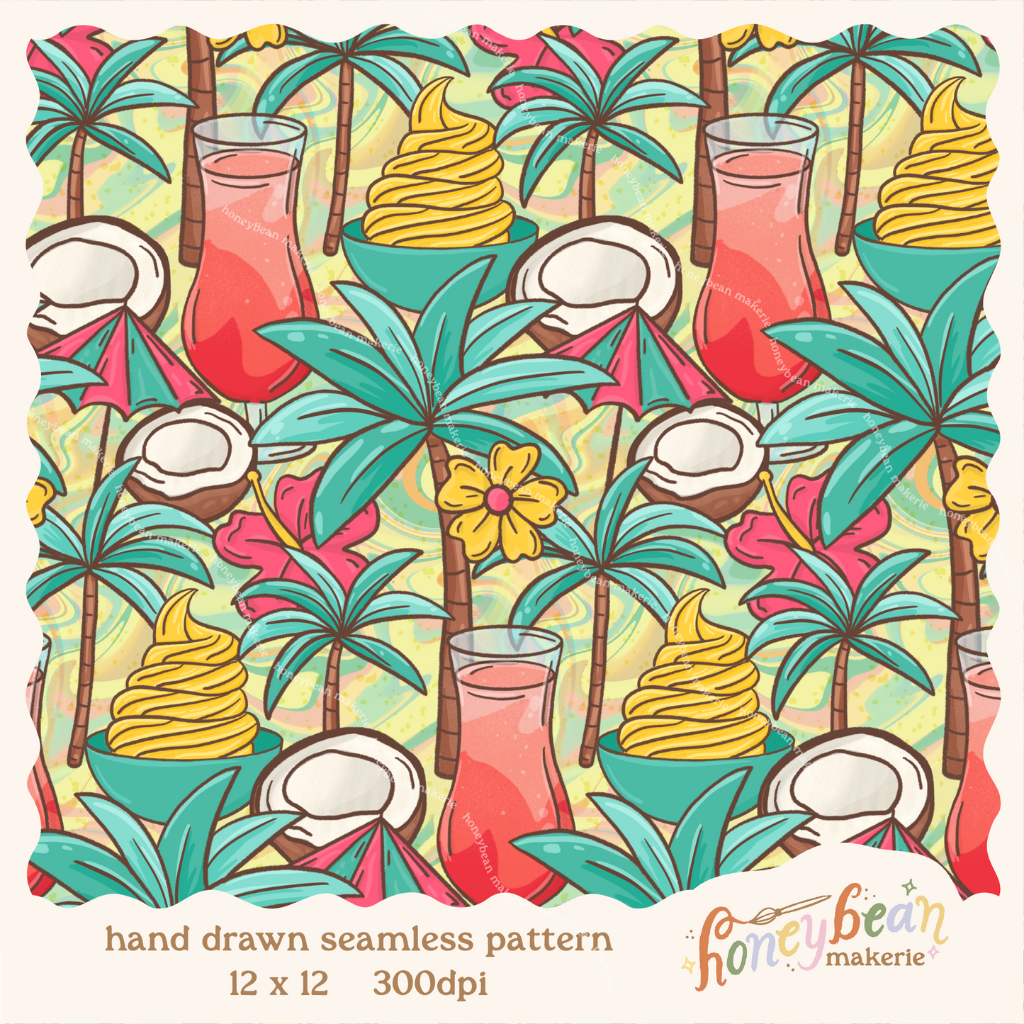 Tropical pattern with palm trees, drinks, and pineapple dole whip on a colorful background.