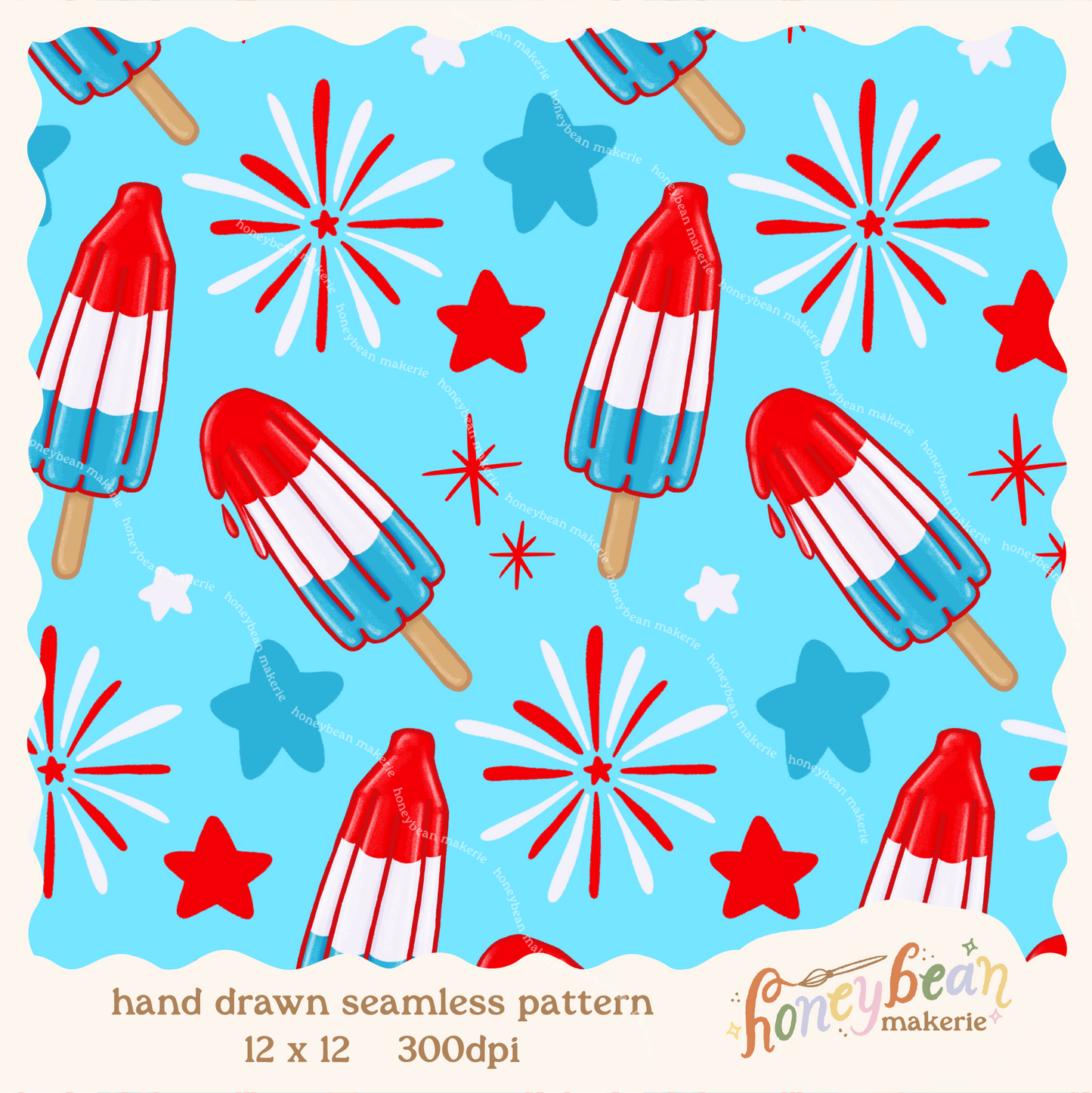 Pattern of red, white, and blue popsicles and fireworks on a blue background.