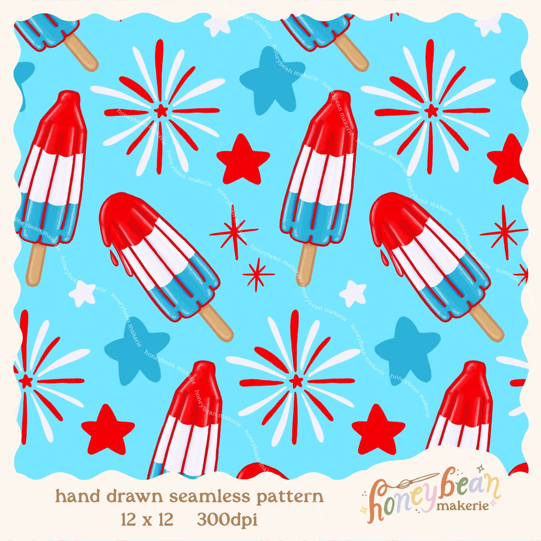 Pattern of red, white, and blue popsicles and fireworks on a blue background.
