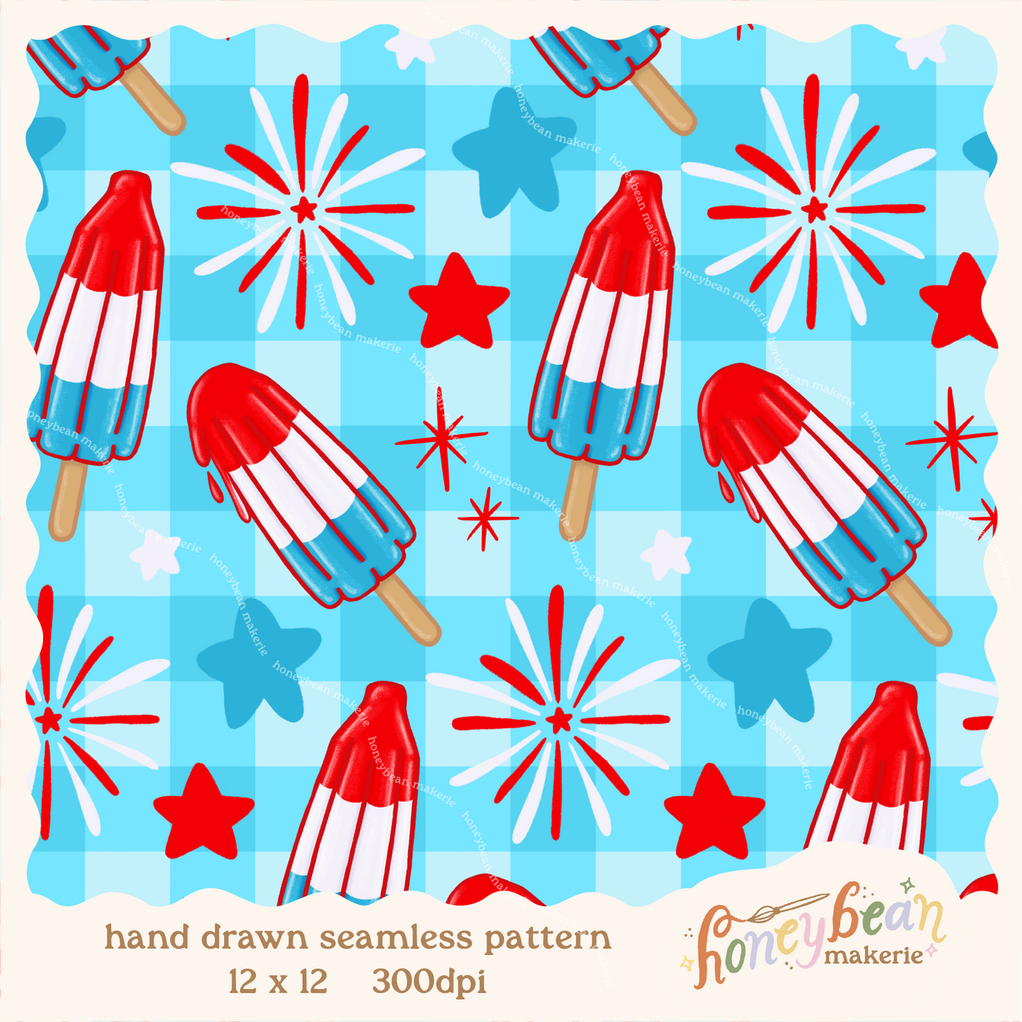 Pattern of red, white, and blue popsicles and fireworks on a blue gingham background.