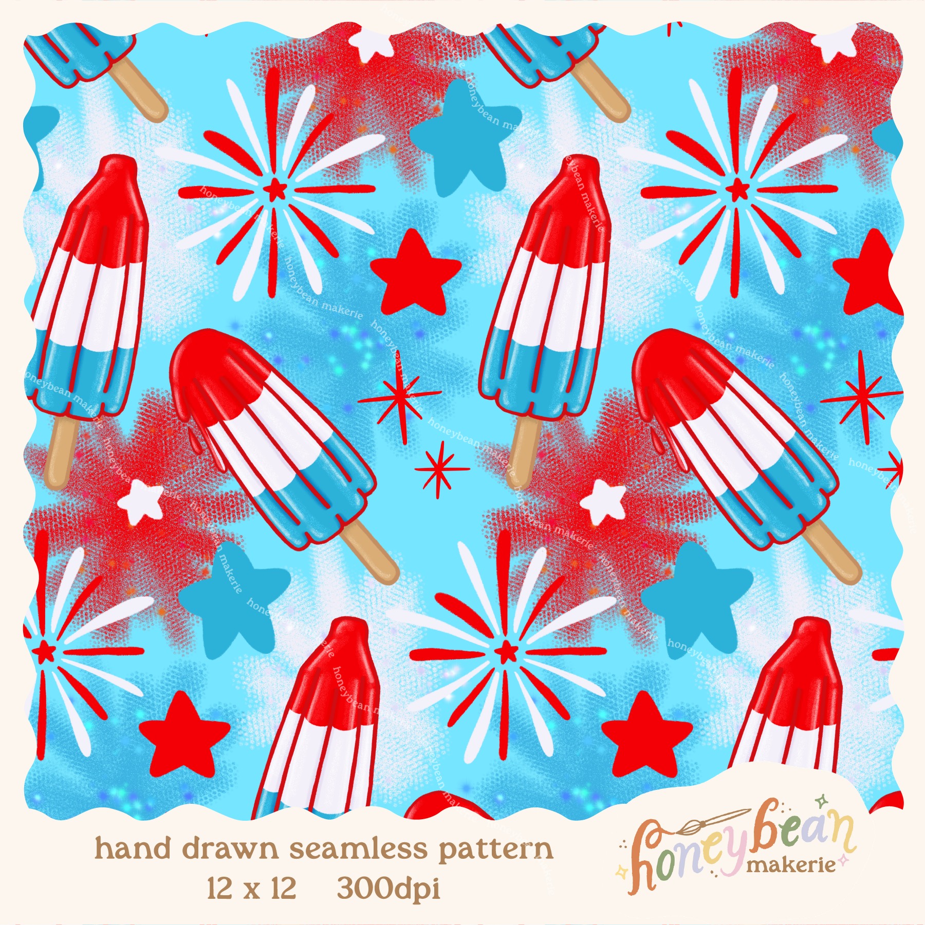 Pattern of red, white, and blue popsicles and fireworks on a blue background.