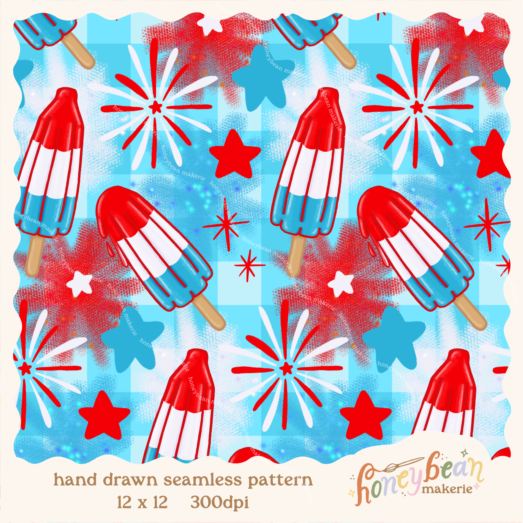 Pattern of red, white, and blue popsicles and fireworks on a blue gingham background.