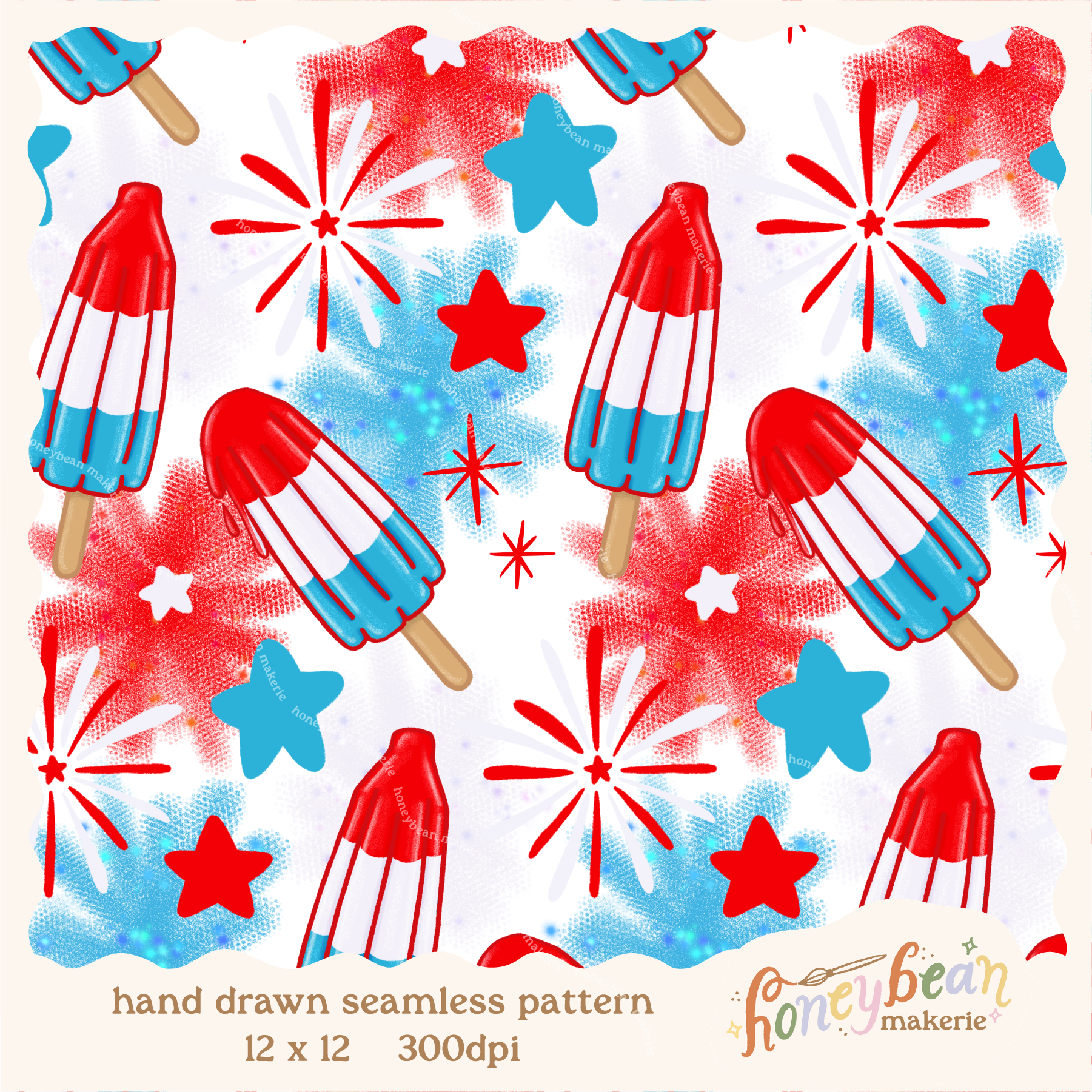 Pattern of red, white, and blue popsicles and fireworks on a white background.
