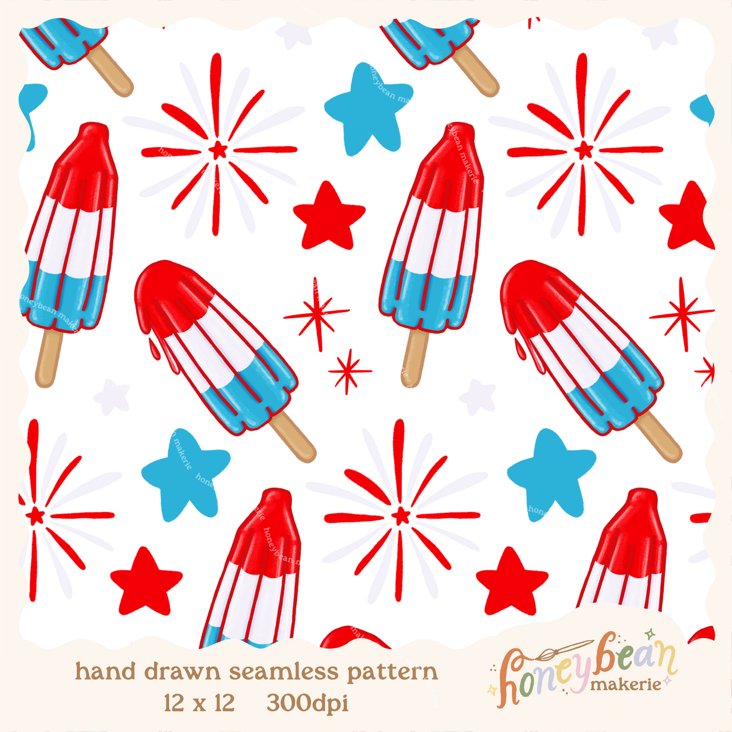 Pattern of red, white, and blue popsicles and stars on a white background.