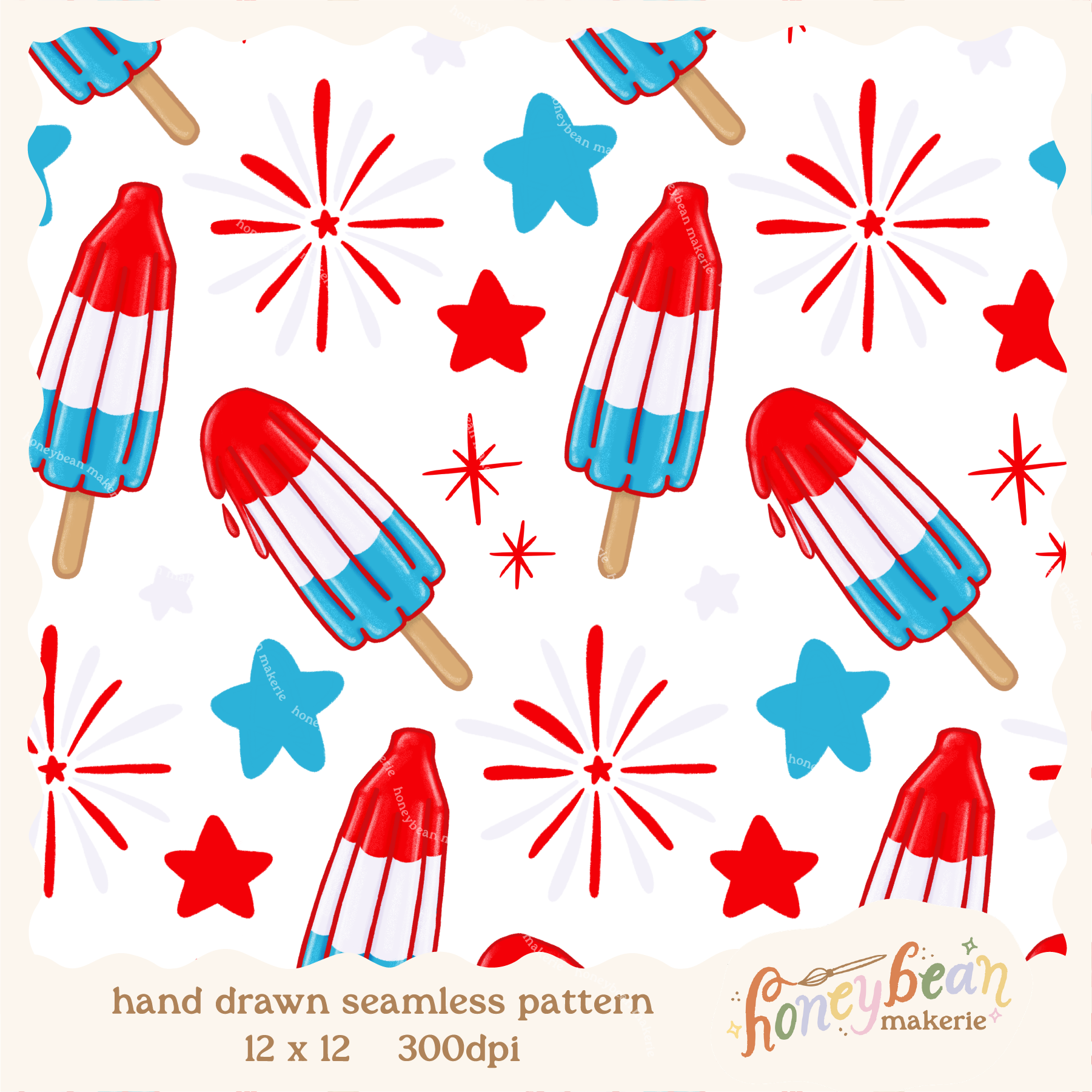 Pattern of red, white, and blue popsicles and stars on a white background.