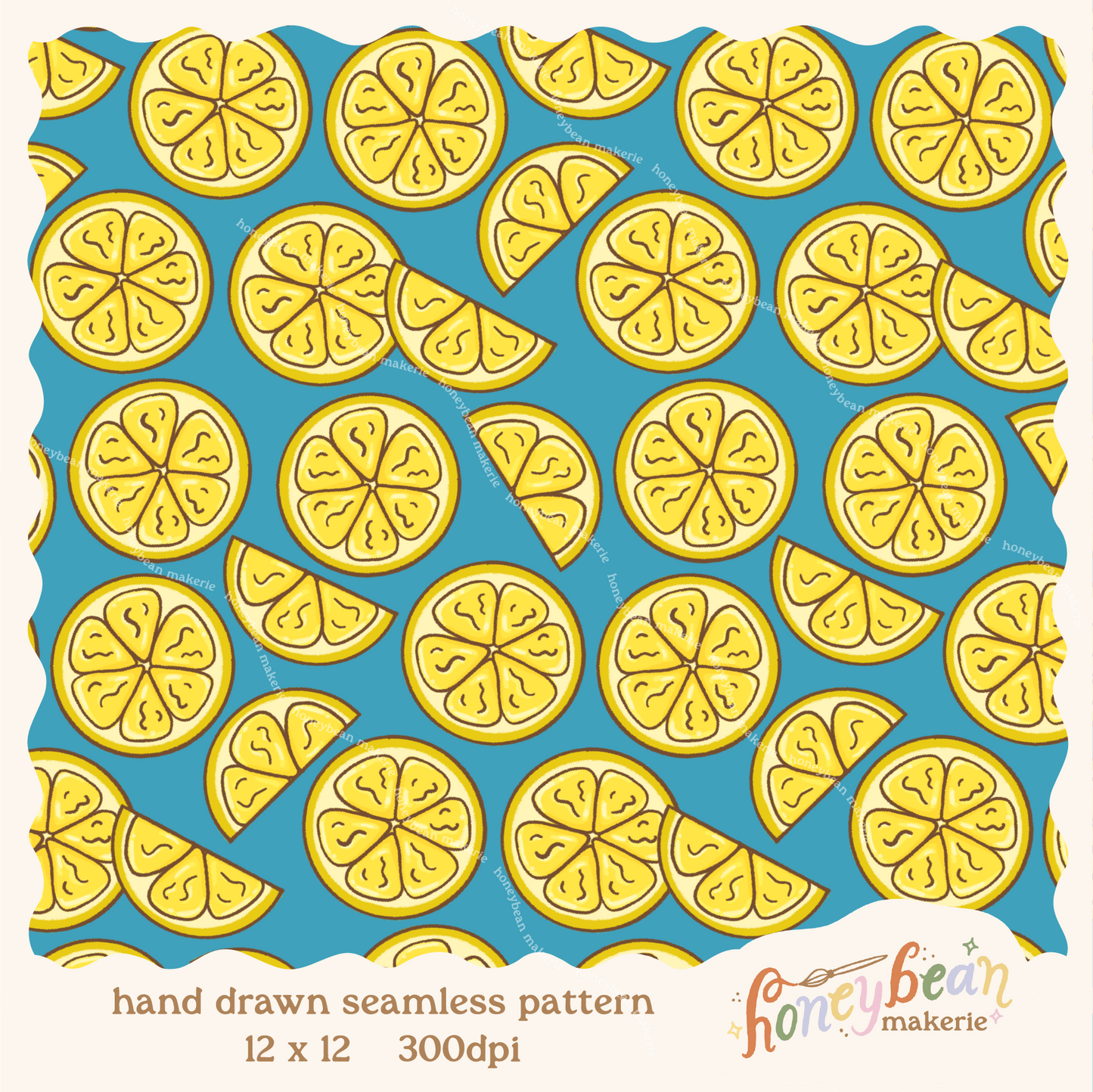 Pattern of yellow lemon slices on a dark teal background
