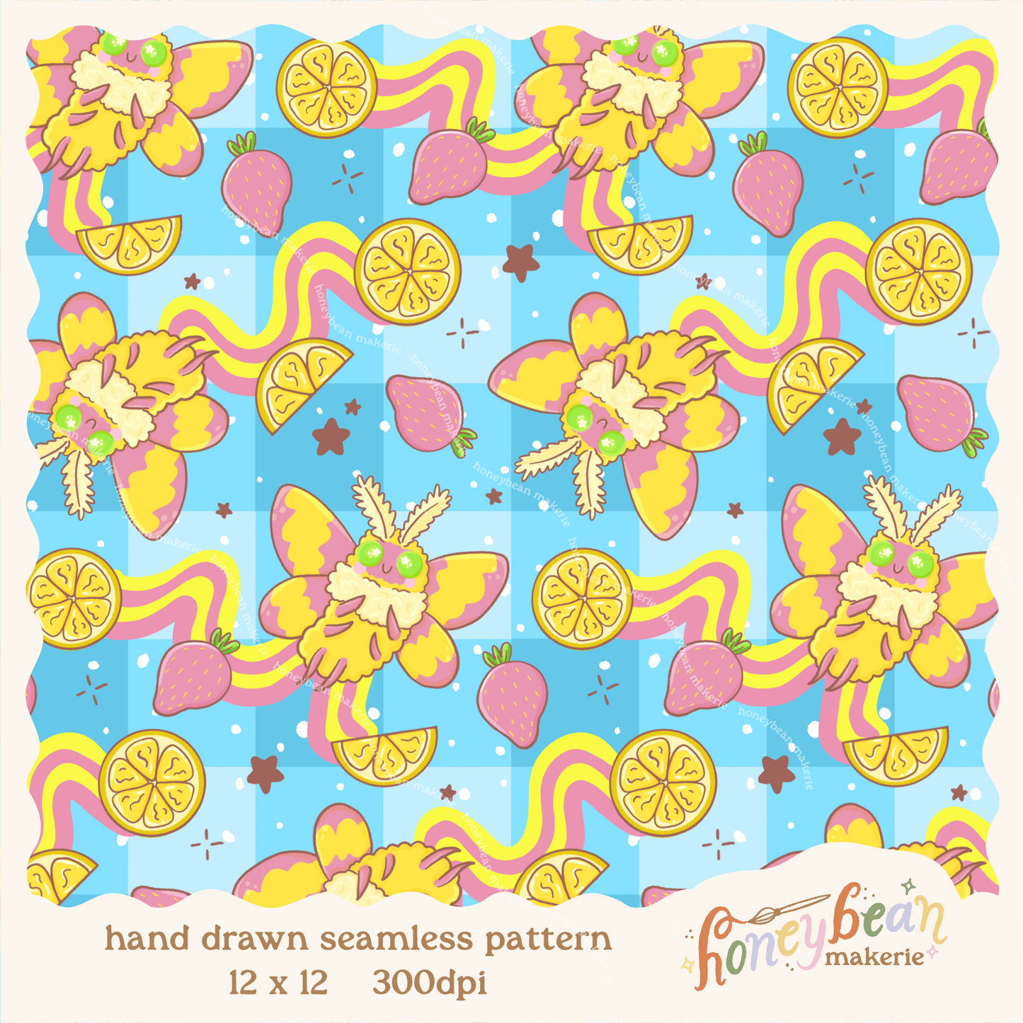 Strawberry Lemonade Moth Seamless Pattern